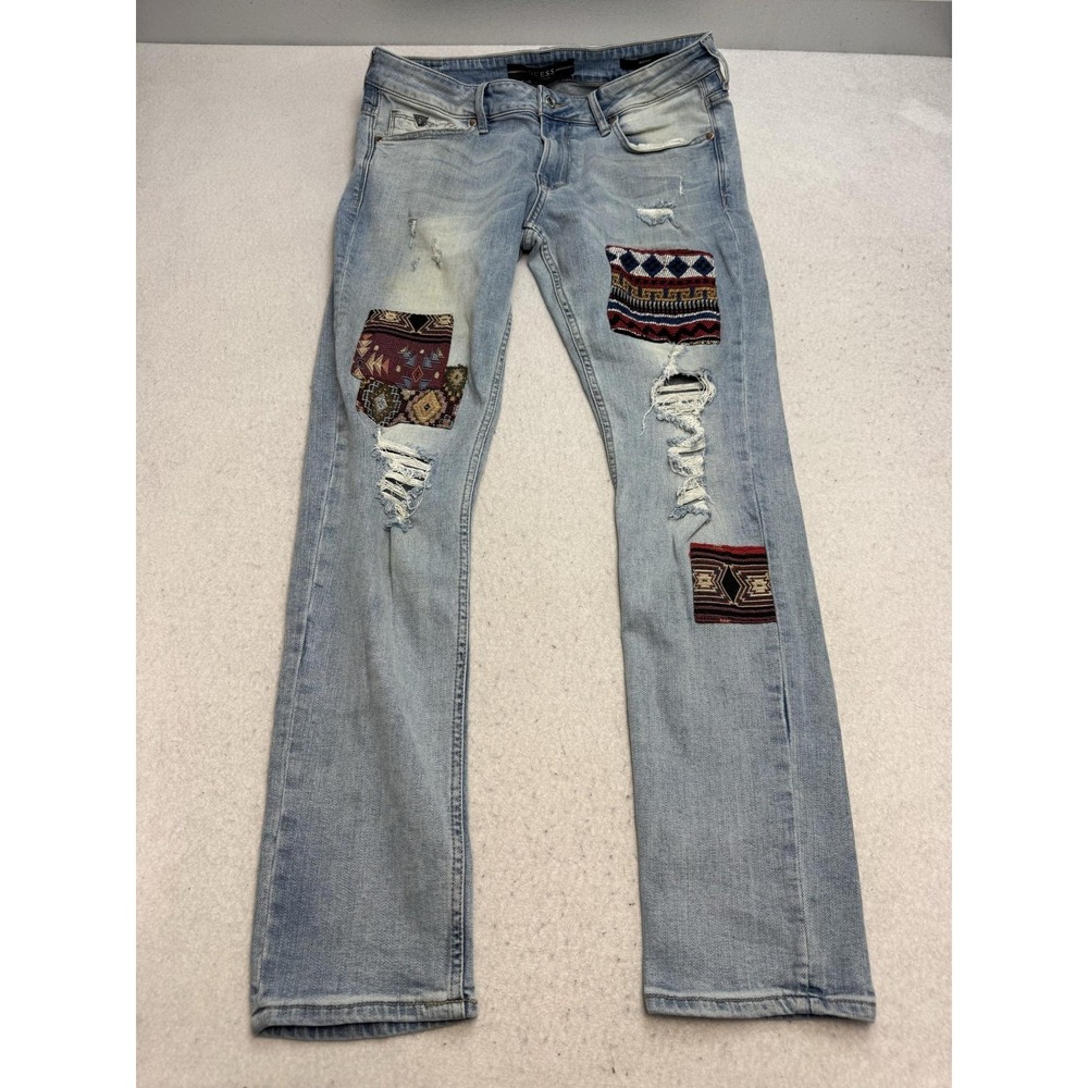 Guess Jeans Womens 33x31 Light Wash Blue Skinny Distressed Southwestern Patch